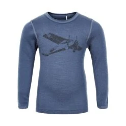 Celavi Wollshirt Jeansblau Mit Flugzeug Unterhemd Merino Schurwolle