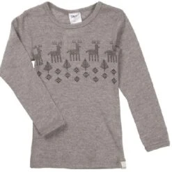 Celavi Langarmshirt Grau Melange Elch Unterhemd Wolle