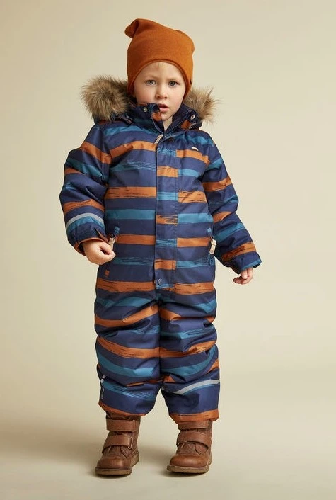 Minymo Kinder Schneeanzug Blockstreifen Kürbis Navy Skianzug 2 Minymo Kinder Schneeanzug Blockstreifen Kürbis Navy Skianzug – Bild 2